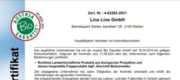 unser Bio Zertifikat für Lina Line Bio Seifen